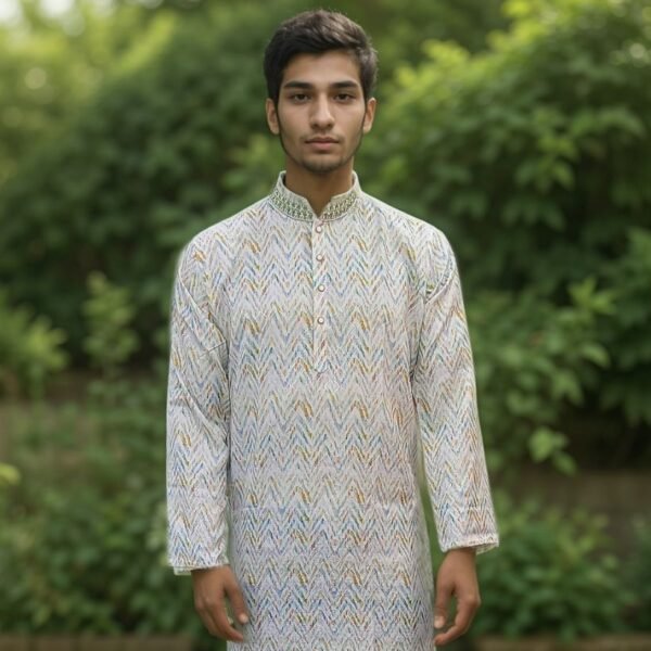 White Printed Cotton Panjabi with Colorful Chevron Design