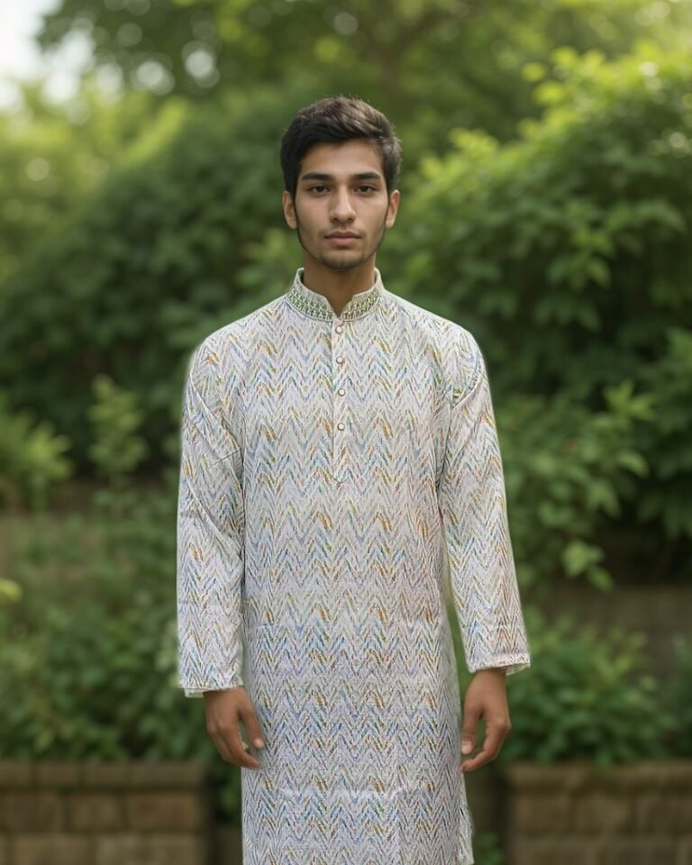 White Printed Cotton Panjabi with Colorful Chevron Design