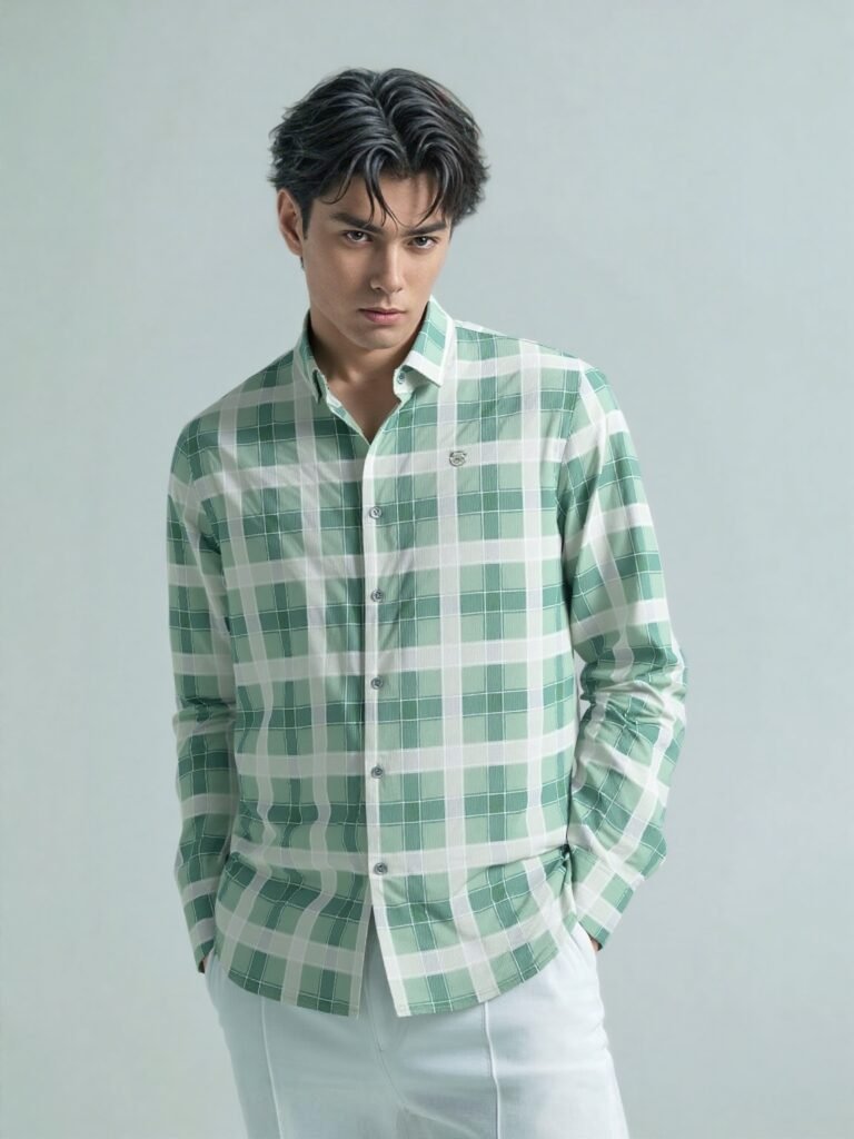 Green and white casual check shirt for men