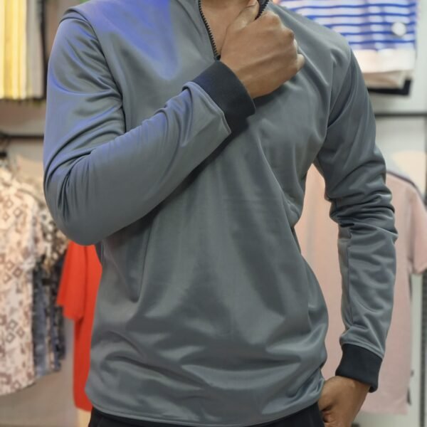 Solid Gray Full Sleeve Zipper Polo For Biker